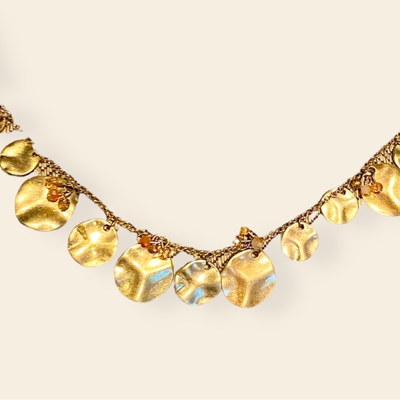 Hammered Gold Disc Necklace, 17”  with pink and white crystals. 3 1/4” Extender - Picture 3 of 7